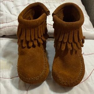 Minnetonka Tan Kids Moccasins with Fringe